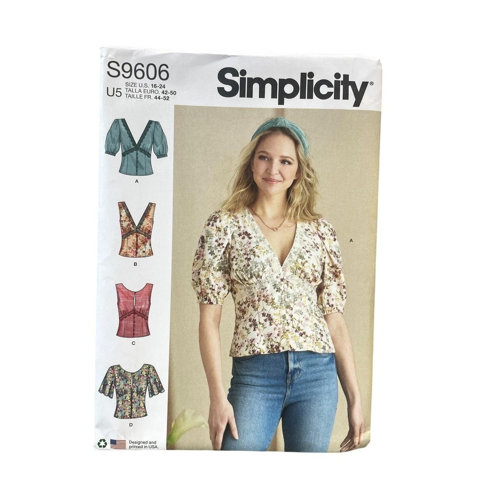 Simplicity‎ S9606 Misses' Blouse Tops Size 16-24 Modern V-Neck Puff Sleeve